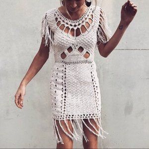 Cleobella Crocheted Fringe Amei Mini Dress, White, Size M, Festival, Cotton